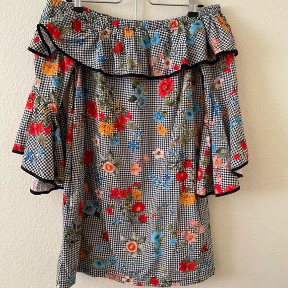 Zara Checkered Floral Off Shoulder Mini Dress - Picture 6 of 6